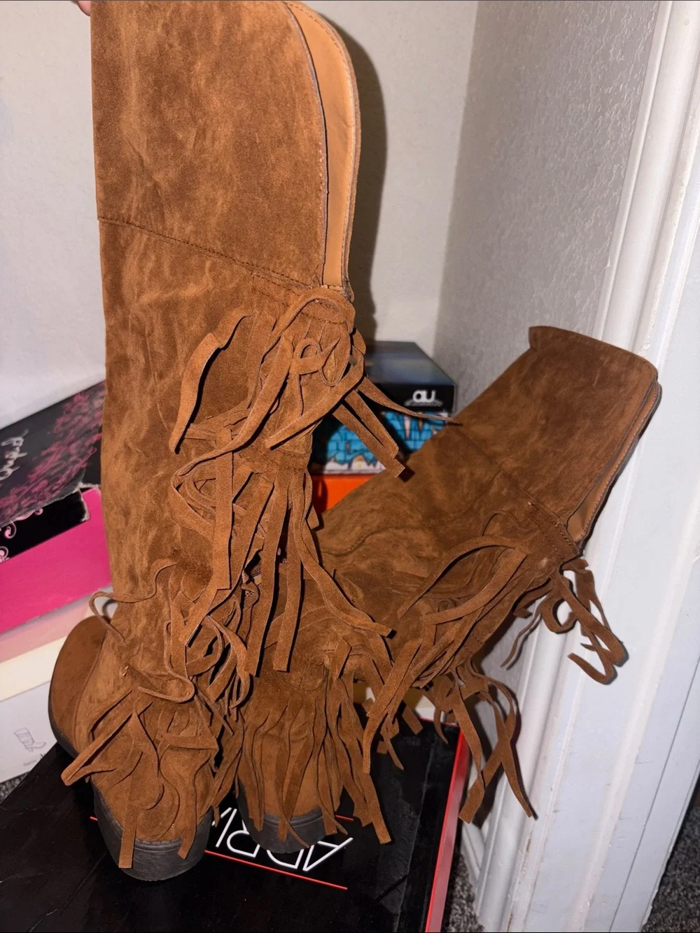 Fringe Over-the-Knee Suede Boots - Brown